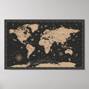 Poster Carte du monde Vintage Noir Or