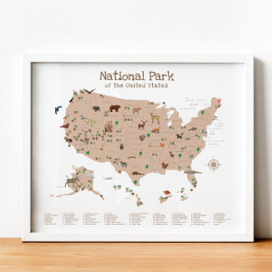 Poster Carte du parc national Brown Woodland Nursery Impr