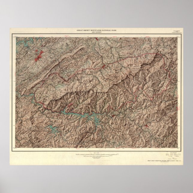 Poster Carte du parc national des Great Smoky Mountains (Devant)