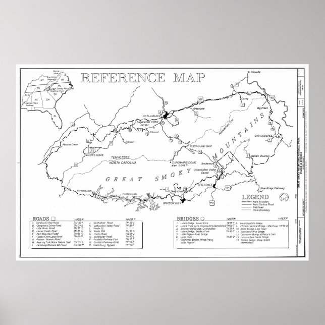 Poster Carte du parc national des Great Smoky Mountains (Devant)