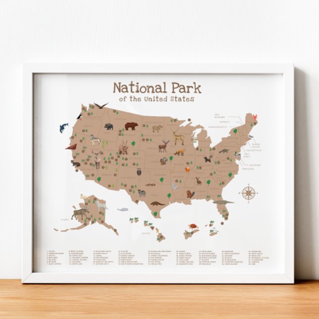 Poster Carte du parc national Neutral Bois Nursery Imprim (Neutral National Park Map Woodland Nursery Print)