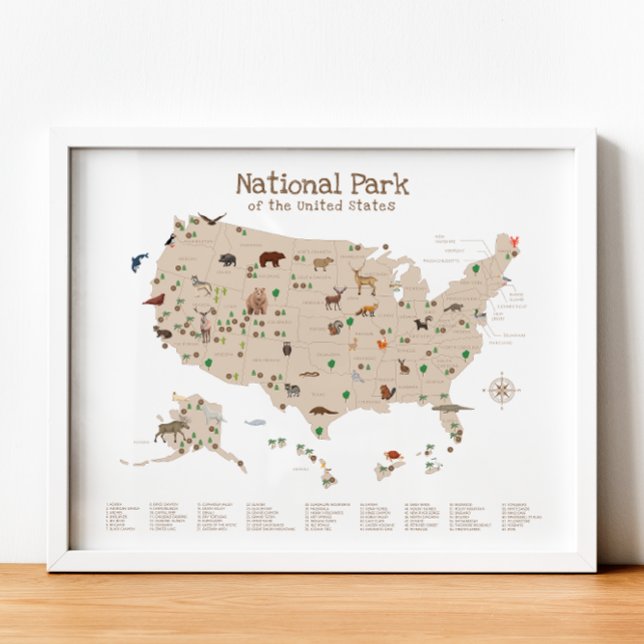 Poster Carte du parc national Pépinière animalière des bo (National Park Map Woodland Animal Nursery Print)