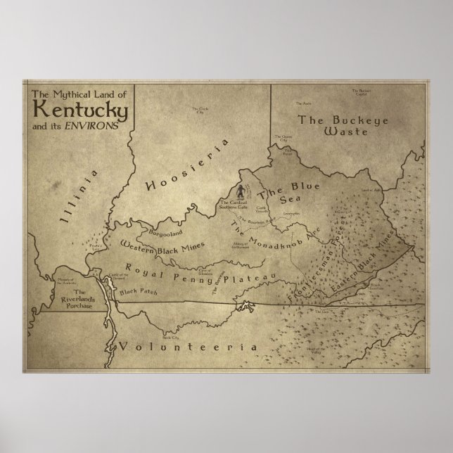 Poster Carte du pays mythique du Kentucky (Devant)