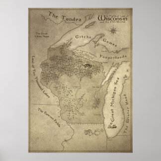 Poster Carte du pays mythique du Wisconsin