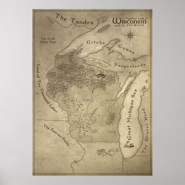 Poster Carte du pays mythique du Wisconsin (Devant)