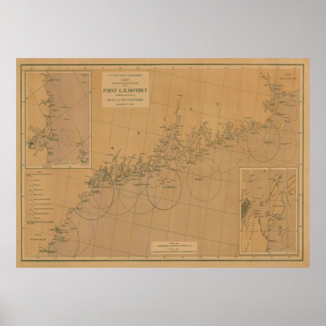 Poster Carte du phare du Maine vintage (1876) (Devant)