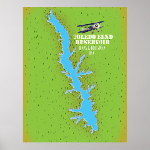 Poster Carte du réservoir Toledo Bend Texas & Louisiane