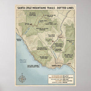 Poster Carte du sentier de Santa Cruz Californie Redwood 
