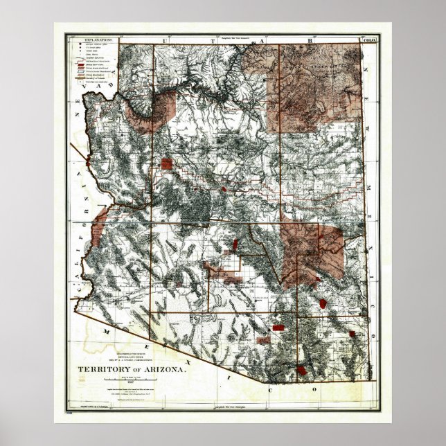 Poster Carte du territoire de l'Arizona de 1887 (Devant)