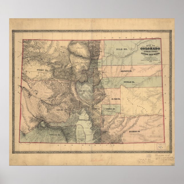 Poster Carte du territoire du Colorado 1862 (Devant)