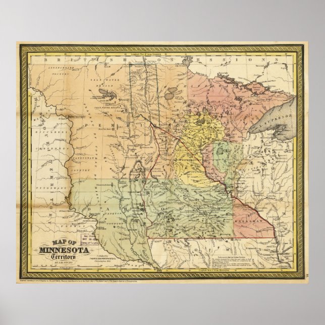 Poster Carte du territoire du Minnesota (1852) (Devant)