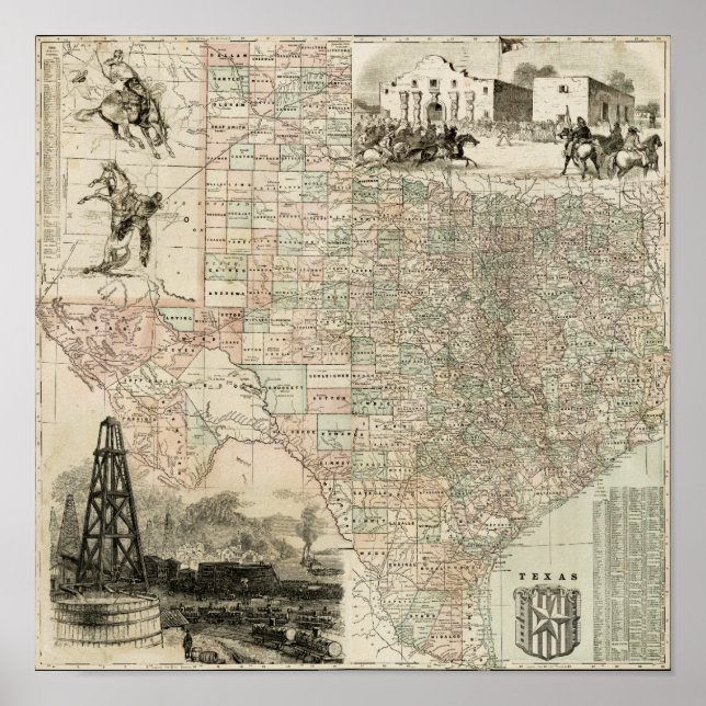 Poster Carte du Texas aux frontières du comté (Devant)