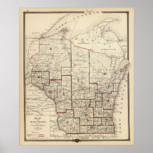 Poster Carte du Wisconsin
