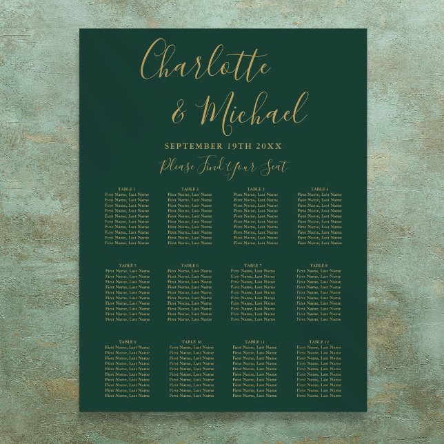 Poster Carte Emerald Green Et Gold Mariage (Emerald Green And Gold Wedding Seating Chart)