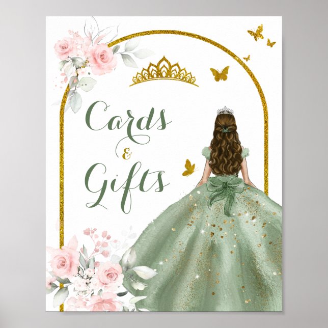 Poster Carte et cadeaux Sage Green Gold Princess Quinceañ (Devant)