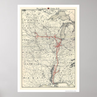 Poster Carte ferroviaire centrale de l'Illinois 1892