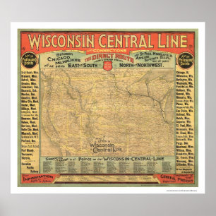 Poster Carte ferroviaire centrale du Wisconsin 1882