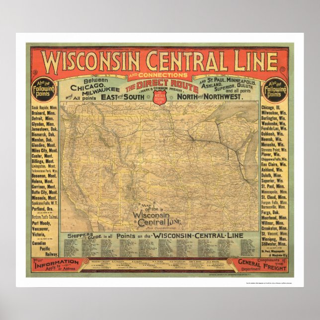 Poster Carte ferroviaire centrale du Wisconsin 1882 (Devant)