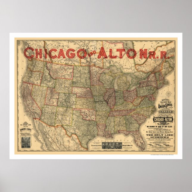 Poster Carte ferroviaire de Chicago & Alton 1883 (Devant)