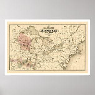 Poster Carte ferroviaire de La Crosse & Milwaukee 1855
