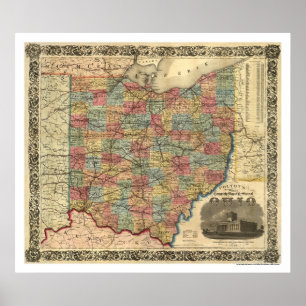 Poster Carte ferroviaire de l'Ohio 1854