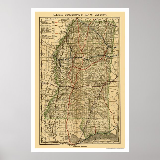 Poster Carte ferroviaire du Mississippi 1888 (Devant)