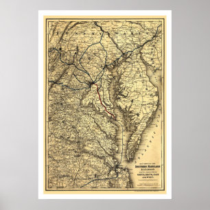 Poster Carte ferroviaire du sud du Maryland 1881