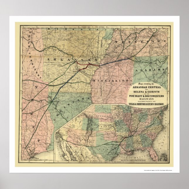 Poster Carte ferroviaire du Texas et du nord-est 1872 (Devant)