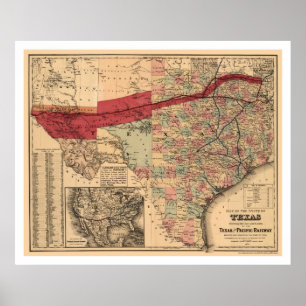 Poster Carte ferroviaire du Texas et du Pacifique 1873