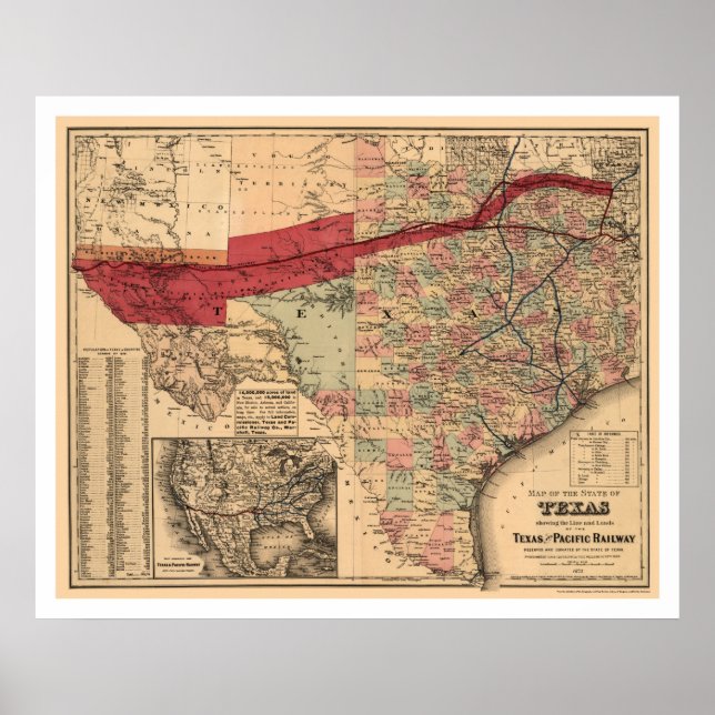 Poster Carte ferroviaire du Texas et du Pacifique 1873 (Devant)