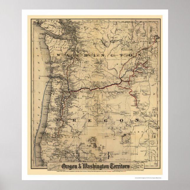 Poster Carte ferroviaire Oregon & Washington 1880 (Devant)