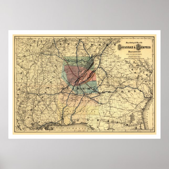 Poster Carte ferroviaire Savannah & Memphis 1872 (Devant)