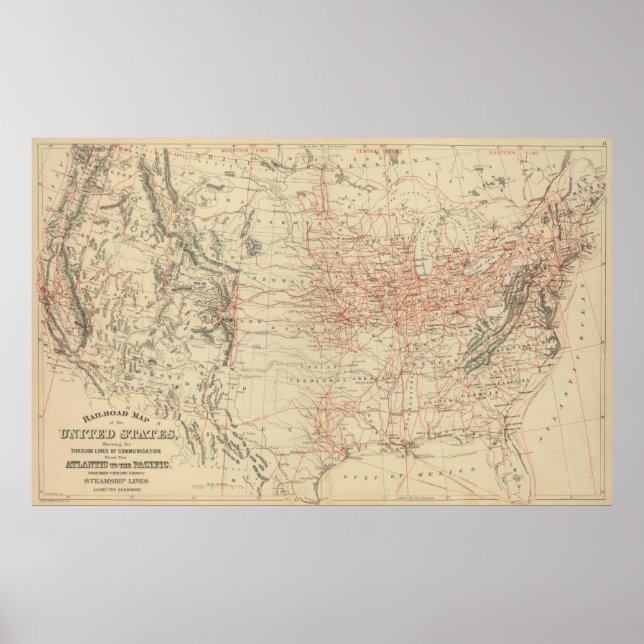 Poster Carte ferroviaire vintage des États-Unis (1886) (Devant)