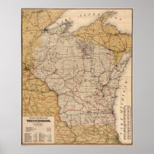 Poster Carte ferroviaire vintage du Wisconsin (1900)