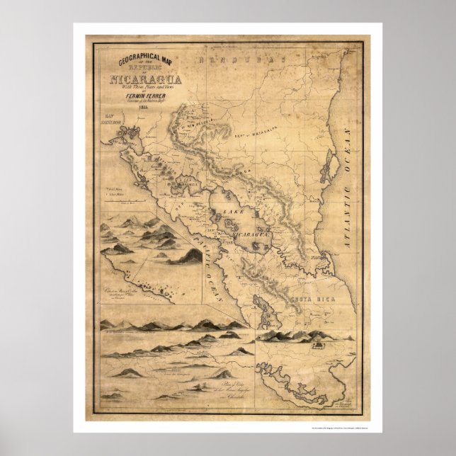 Poster Carte géographique Nicaragua 1855 (Devant)