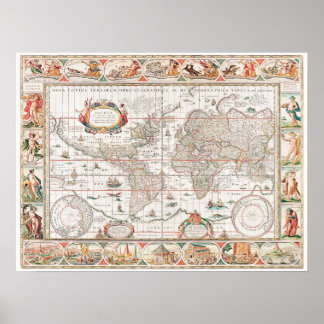 Poster Carte Géographique vintage Du Monde 1636-1650
