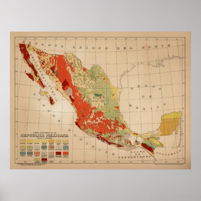 Poster Carte géologique vintage du Mexique (1921) (Devant)