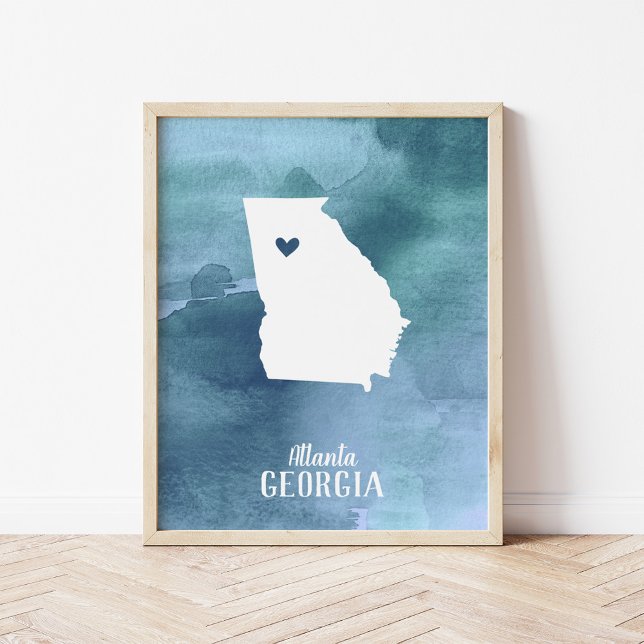 Poster Carte Géorgie Aquarelle bleue Art personnalisé Imp (Créateur téléchargé)