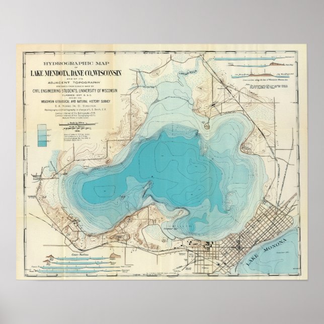 Poster Carte hydrographique vintage Lac Mendota (Devant)