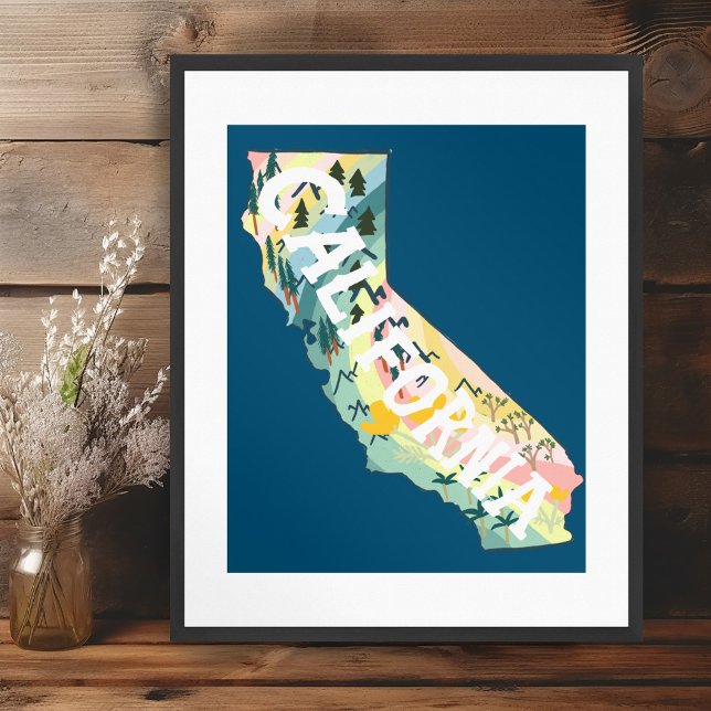 Poster Carte illustrée de l'État de Californie (California State Illustrated Map Poster Wall Art)