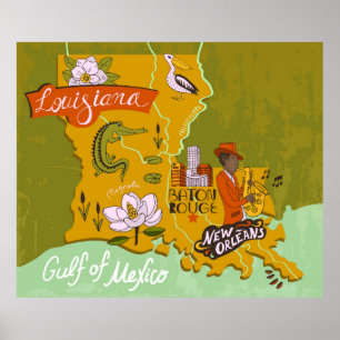Poster Carte illustrée de Louisiane, USA. Voyage et attr