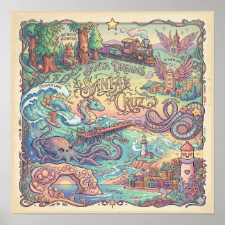 Poster Carte illustrée de Santa Cruz Californie Dreamscap