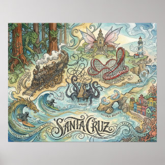 Poster Carte illustrée de Santa Cruz Californie Mythique