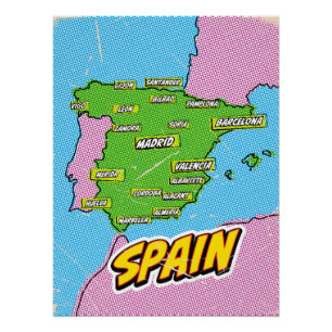 Poster Carte illustrée d'Espagne dans le style Pop Art