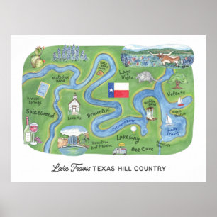 Poster Carte illustrée du pays du lac Travis Texas Hill
