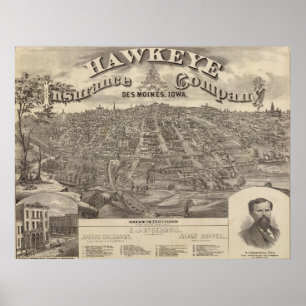 Poster Carte imagée vintage de Des Moines Iowa (1875)