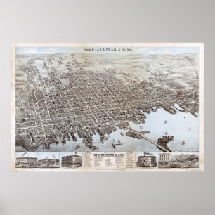 Poster Carte imagée vintage de New Bedford mA (1876)