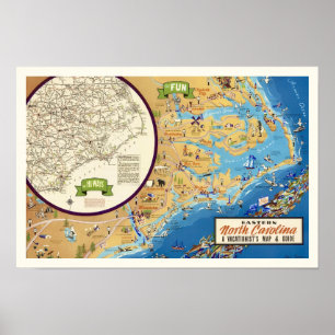 Poster Carte imprimée de l'est de la Caroline du Nord 12x