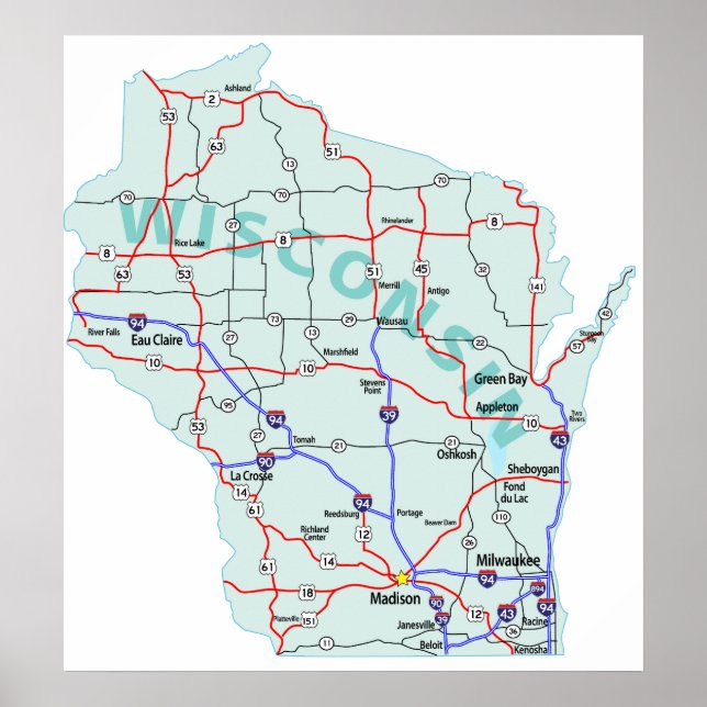 Poster Carte Interstate Wisconsin (Devant)