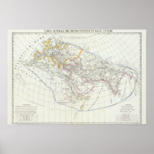 Poster Carte Lithographiée du monde de l'hémisphère orien